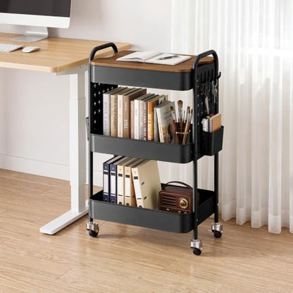 3 Tier Rolling Cart with DIY Pegboard, Metal Utility Cart with Table top - color: Black With Pegboard