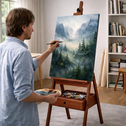 Falling in Art H-Frame Studio Easel with Storage Drawer, Walnut - style: Walnut