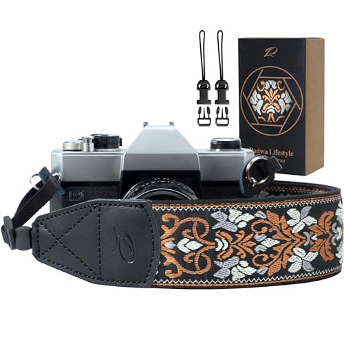 Padwa Lifestyle Camera Strap - 2" Wide Vintage Jacquard Embroidery Brown Flower Camera Straps with Genuine Leather Head,Adjustable Neck Shoulder Strap for All Cameras and Men & Women Photographers - color: Metal Vintage Brown Flower