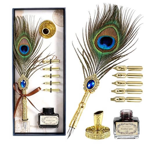 Joyeee Peacock Feather Pen and Ink Set, Writing Set for Lettering - color: Peacock Feather Pen and Ink Set