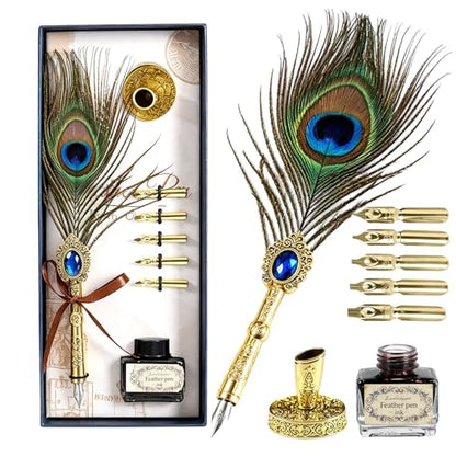 Joyeee Peacock Feather Pen and Ink Set, Writing Set for Lettering - color: Peacock Feather Pen and Ink Set