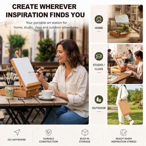 Beechwood Tabletop Easel for Painting, Portable Easel with Shoulder Strap