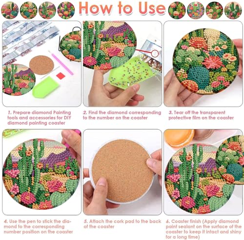 ijbnhd 8 Pcs Cactus Diamond Art Coasters Kit Diamond Painting Coasters - color: Cactus