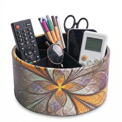 lizimandu Remote Control Holder, 360°Spinning PU Leather Desk TV Remote Caddy,Desk Storage Box Room Accessories for Controller, Media,Mail,Calculator, Mobile Phone,Pencil(1B-Orange Flower) - color: 1B-Orange Flower