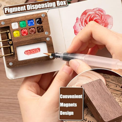 Mini Watercolor Travel Set with 8-Well Wood Palette and Sketchbook - color: Wood 8 Grids