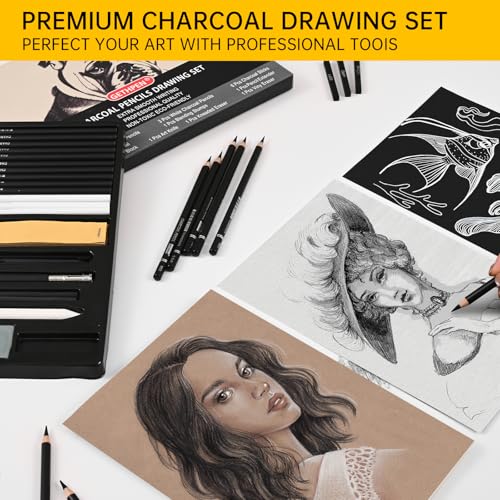 GETHPEN Charcoal Pencils for Drawing, S-Soft, Soft, Medium, Hard, 27Pcs