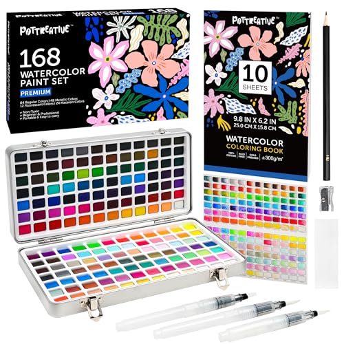 168 Solid Watercolor Paint Set with Brushes and Blank Coloring Book - color: 168 Colors