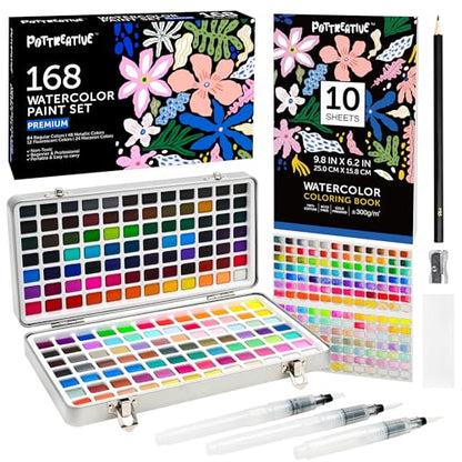 168 Solid Watercolor Paint Set with Brushes and Blank Coloring Book - color: 168 Colors