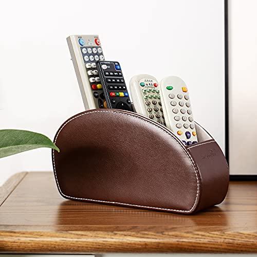 Remote Control Holder , PU Leather Organizer Box with 5 Compartments for Table Bed Office ,Remote Caddy Desktop Storage Home Accessories for Controllers , Media Player ,Make up Brush ,Pen (Brown-A)