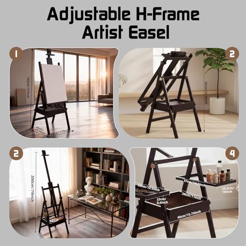 Beech Wood H-Frame Easel for Painting with Tray & Drawer, Walnut - color: Walnut