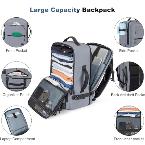 Tzowla 40L Carry-On Travel Backpack with Large Water Bottle Holder,Personal Item Travel Bag with 3 Packing Cubes,17.3 Inch Laptop Backpacks for Men and Women,Hiking Casual Outdoor Daypack(Grey) - color: Grey