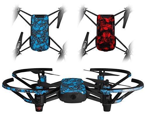 Skin Decal Wrap 2 Pack Compatible with DJI Ryze Tello Scattered Skulls Neon Blue Drone NOT Included
