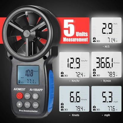 Anemometer Bluetooth 65MPH, AIOMEST HVAC Air Flow Wind Meter CFM AI-100APP - color: AI-100APP Bluetooth Anemometer
