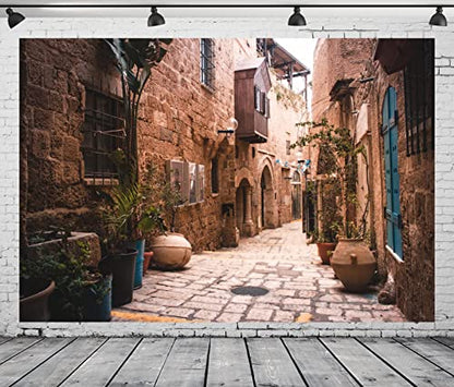 BELECO 5x3ft Fabric Old City Street Backdrop Israel Retro Stone Houses Wall Flowerpots Nostalgia Pictures Background Kids Adults Portrait Photoshoot Studio Photography Background Props - size: 5x3FT