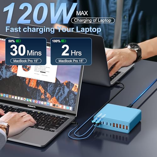 800W USB C Charger Block,10-Port Charging Station - color: Blue
