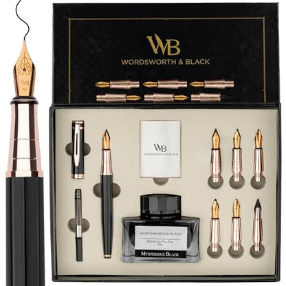 Wordsworth & Black Luxury Calligraphy Pen Set, 6 Nibs, Black Rose - color: Black Rose Gold