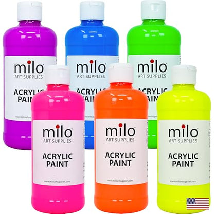 milo Fluorescent Acrylic Paint Set, 6 Neon UV Colors, 16 oz Bottles - style: Fluorescent Set 6 x 16 oz