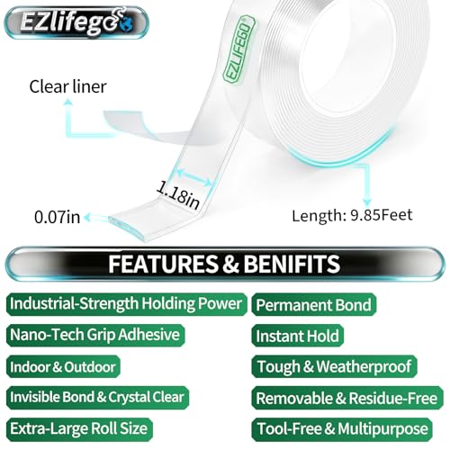 EZlifego Heavy Duty Invisible Bond Nano Double Sided Mounting Tape, 9.85FT - size: 9.85 Feet