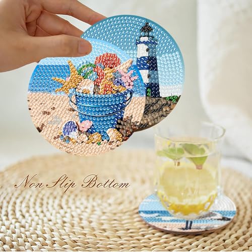 askkqtx 8 Pcs Beach Diamond Art Coasters Kits with Holder 4X4 Inch - color: BDWY355