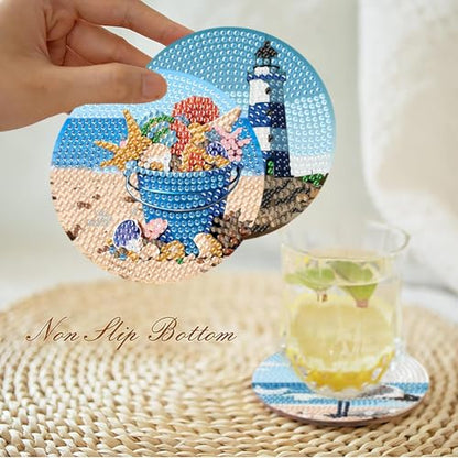 askkqtx 8 Pcs Beach Diamond Art Coasters Kits with Holder 4X4 Inch - color: BDWY355
