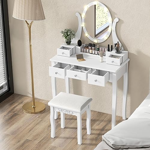 CHARMAID Makeup Vanity Table with Lighted Mirror, Vanity Desk with 10 LED Lights, Adjustable Brightness, 5 Drawers and Removable Storage Organizer, Bedroom Dressing Table with Stool (White) - color: White, style: Round Mirror & LED Lights