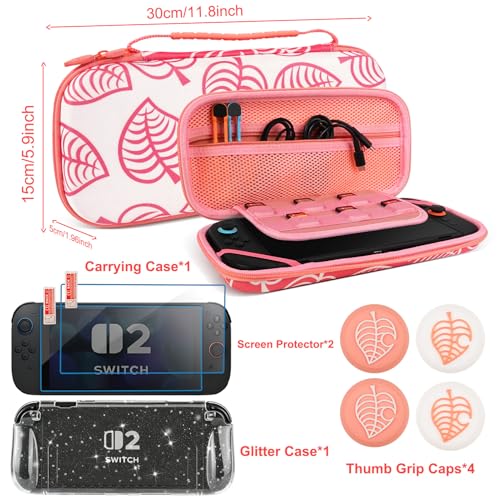 TIKOdirect Carrying Case for Switch 2, Shockproof Portable Travel Bag with Glitter Galaxy case, Screen Protectors and Cute Leaf Thumb Grips Caps, Pink Kit - color: Pink Kit