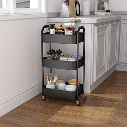 3-Tier Rolling Utility Cart with Caster Wheels Easy Assembly, Black - color: Black, size: 3-Tier Standard Cart