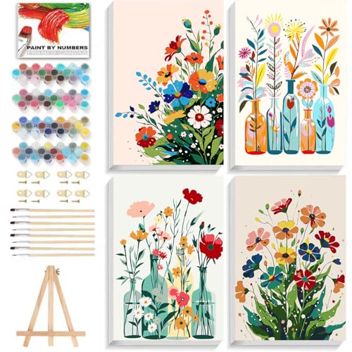 ICYANART 4 Paint by Numbers Kit for Adults Flowers, with Frame and Easel - color: Flower 01