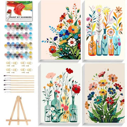 ICYANART 4 Paint by Numbers Kit for Adults Flowers, with Frame and Easel - color: Flower 01