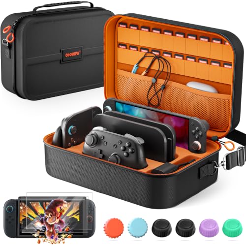 COOWPS for Nintendo Switch 2 Case, 2-Pack Screen Protectors, 6 Thumb Grips - color: Black&Orange