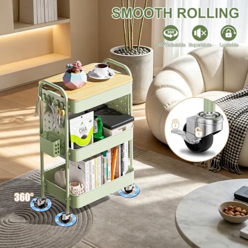 3 Tier Rolling Cart with Table top, Metal Utility Cart with DIY Pegboard - color: Green With Pegboard