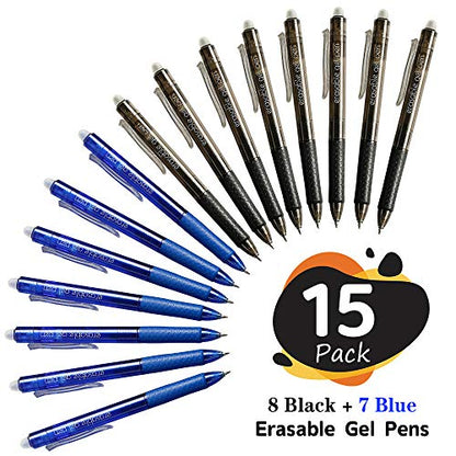 Lineon Erasable Gel Pens, 15 Pack Retractable Erasable Pens Clicker, Fine Point, Make Mistakes Disappear, 8 Black 7 Blue Inks for School & Office - color: 15 Pack Black Blue, size: 15 Count (Pack of 1)