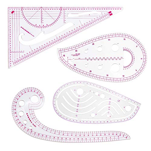 Fashion Clear Metric Sewing Ruler Set, French Curve Pattern Making Ruler Kit for Beginners Tailors Designers (4-Piece Set)