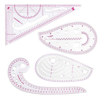 Fashion Clear Metric Sewing Ruler Set, French Curve Pattern Making Ruler Kit for Beginners Tailors Designers (4-Piece Set)