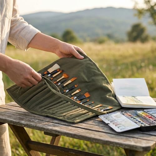 Liquidraw 30 Pocket Roll-Up Canvas Paint Brush Holder, 21 x 18in (Green) - color: Green