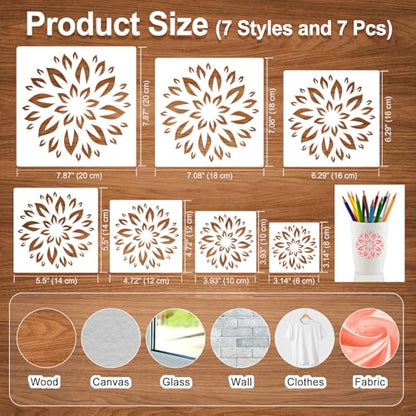 MWOOT 7 Pcs Mandala Stencils Set, 7 Sizes Flower Stencil Templates for Painting on Wood Tile Canvas, Wall Stencils for Crafts Reusable, Plastic Stencil for DIY Crafts and Scrapbook Decor 3-7.8"