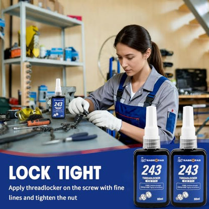 Thread Locker Medium 243 Blue Metal Screw Locking Sealant for Bolts Nuts Fasteners, 50ml Thread Locker Kit, for Bolts Nuts