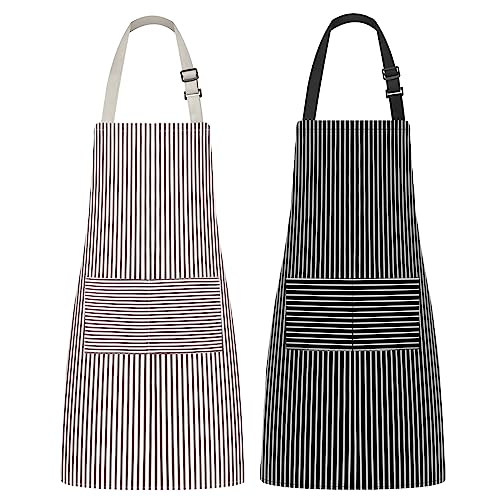 Syntus Apron for Men Women, Adjustable Cooking Kitchen Apron with 2 Pockets - color: Stripe Black Brown Pin, style: 2 Polyester