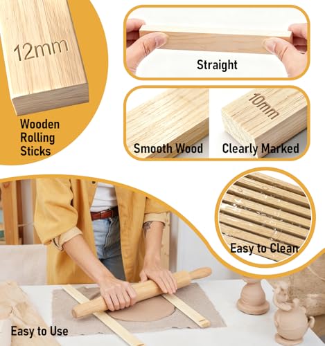 Clay Rolling Pin Guides, 10Pcs Pottery Teaching Rolling Mud Stick Guide, Pottery Tools, Wooden Slab Roller, Clay Tools, Mudboard Tools for Polymer Thickness