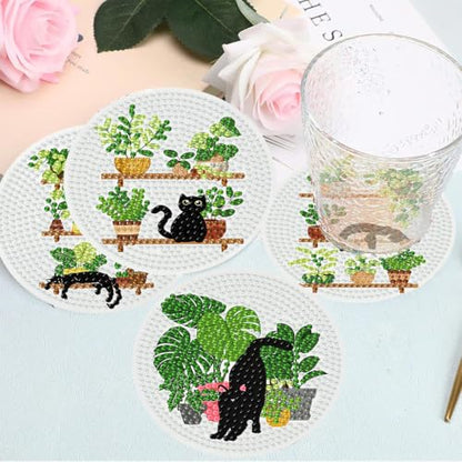 8 Pcs Cat Diamond Art Coasters Kit, Diamond Painting Coasters - color: Cat and Plants