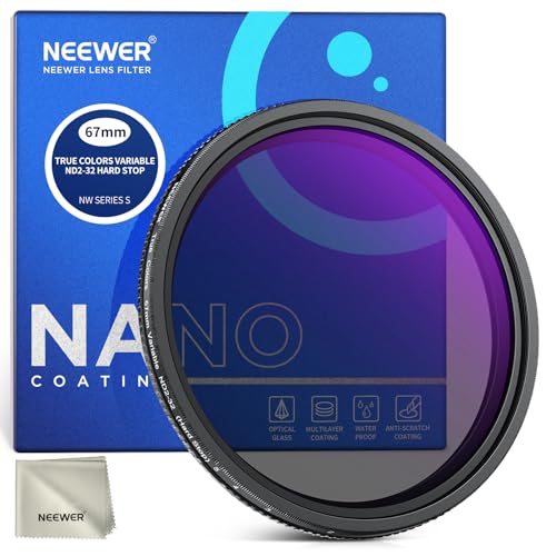 NEEWER 67mm True Colors Hard Stop Variable ND Filter ND2-32 (1-5 Stops) Limited Neutral Density Filter, Multi Coated HD Optical Glass/No X Cross/Aluminum Frame/Water/Scratch/Fingerprint Resistant - size: 67mm
