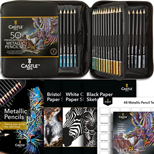 Castle Art Supplies 48 Metallic Colored Pencils for Adults - with Extras