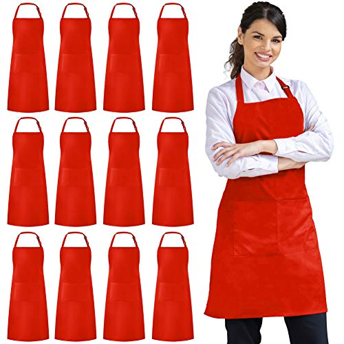 Syntus 12 Pack Apron with 2 Pockets Aprons for Men Women, Polyester, Red - color: Red