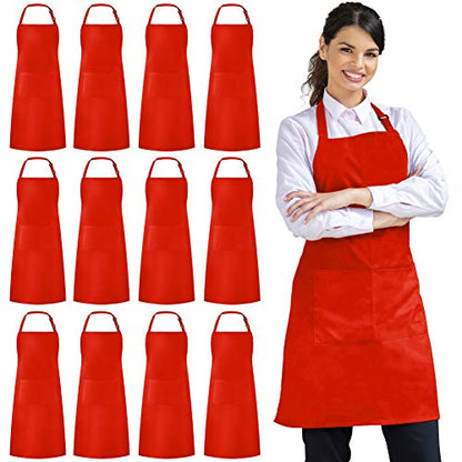 Syntus 12 Pack Apron with 2 Pockets Aprons for Men Women, Polyester, Red - color: Red