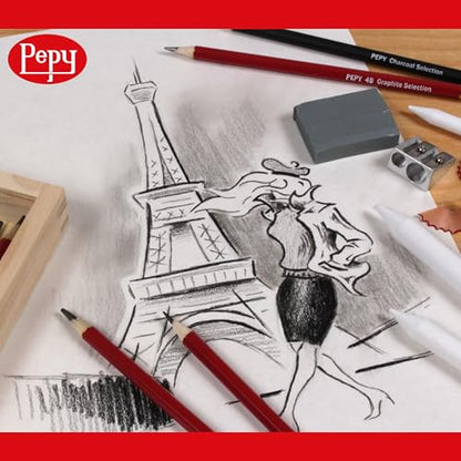 Pepy Graphite and Charcoal Professional Drawing Pencil Assortment; 9 Graphite and 3 Charcoal Hardnesses; Pre-Sharpened; Perfect for Drawing, Sketching and Shading, Graphic and Fine Art