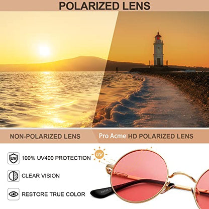 Pro Acme Small Round Polarized Sunglasses for Women Men Retro Metal Shades - color: C9 - Gold Frame/Transparent Pink Lens