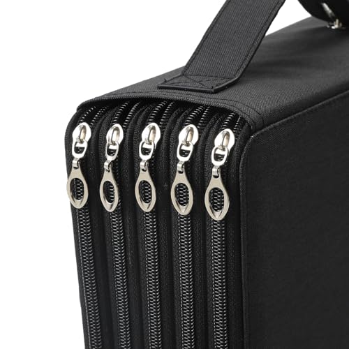 Canvas 250 Slots Pencil Case 5-Layer Zipped Holder w/Handle - color: Black, size: 250