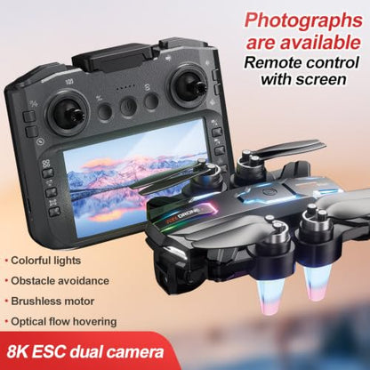 Foldable Drone with 8K ESC Dual Camera, Built‑in Screen Remote Controller, Brushless Motor, 4‑Way Obstacle Avoidance, Optical Flow Hover, 90° Adjustable Lens, RGB Night Lights Quadcopter for Adults Beginners