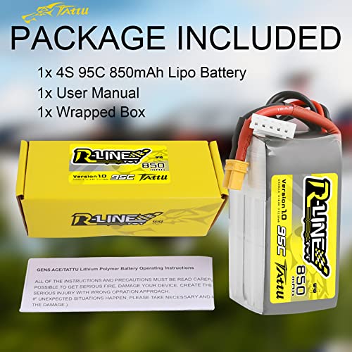 Tattu 850mAh 4s 95C 14.8V R-Line Lipo Battery Pack with XT30 Plug - size: 1 Pcs