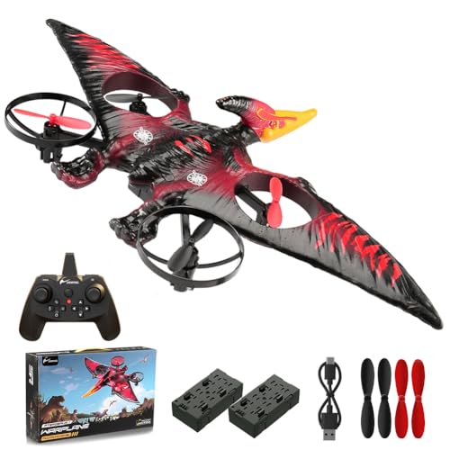 Dinosaur Remote Control Drone, 2.4G EPP Foam RC Pterodactyl Hobby RC Airplanes with 6-Axis Gyro, One Key Takeoff Landing, Stunt Roll & 360 Flip, Fighter Jet Toy Christmas Birthday Gift for Boys Girls - color: Red